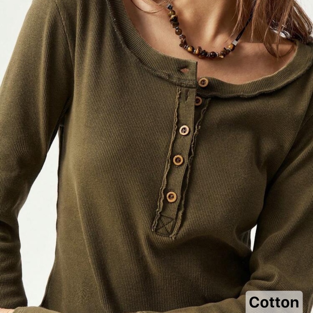 💛 Bohemela Army Green Ribbed Cotton Long Sleeve Top with Buttons (Size S) - Picture 3 of 8
